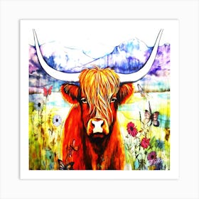 Highland Cow And Flowers - Cow In The Meadow Art Print