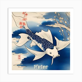 Water Koi , Nature Elements, set of 4, Japanese Monochromatic Watercolor Navy Blue Art Print
