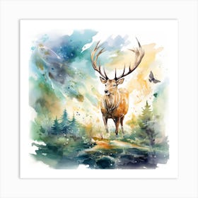 Watercolor Deer In The Forest Art Print