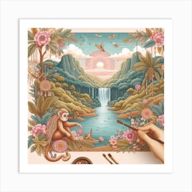 Monkey at the waterfall, Boho style 2 Art Print