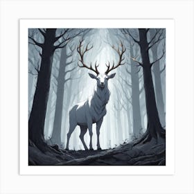A White Stag In A Fog Forest In Minimalist Style Square Composition 64 Art Print