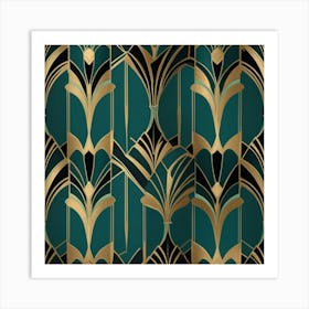 A stylish Art Deco pattern featuring bold geometric shapes, metallic accents, and a luxurious color scheme of gold, black, and deep teal. The design is elegant, symmetrical, and eye-catching 1 Art Print