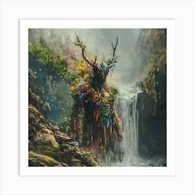 The Spirit of the Wild - Floral Tree God by the Falls Art Print