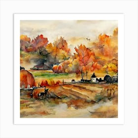 Fall Farm Watercolor Painting Art Print