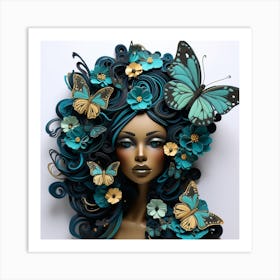 Woman With Blue Hair And Butterflies Art Print