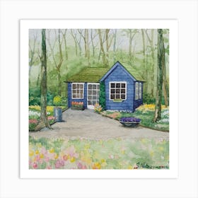 Watercolor Landscape House In Tulips Square Art Print