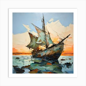 Oil Painting Of A Colosssal Sailboat Fractured On A Tropical Island Art Print