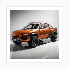 A Sleek, Vibrant Orange Lamborghini Urus, Extensively Modified With A Full Body Kit, Transformed Into A Rugged Pickup Truck With A Sturdy Rear Bed, Aggressive Wheel Wells, And A Distinctive Bumper, Featuring Sharp, Angular Lines 2 Art Print