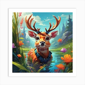 Deer In The Water 13 Art Print