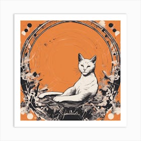 A Silhouette Of A Cat Wearing A Black Hat And Laying On Her Back On A Orange Screen, In The Style Of (3) Art Print