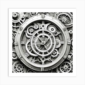 Steampunk Timepiece Monochrome Cubism Style Art Print