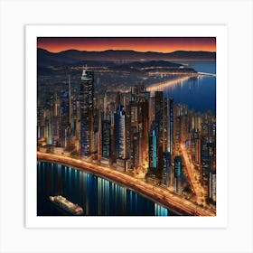 City View Having Line Of Buildings From Sea View Point At Night Abstract Art Vibrant8k Resolution Art Print