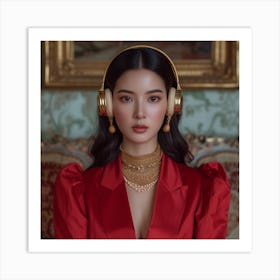 Asian Woman Wearing Headphones Art Print