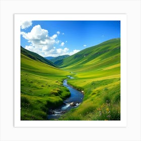 Green Valley With A Stream Art Print