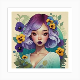 Asian Girl With Pansies 1 Art Print