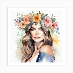 Watercolor Portrait Of A Woman With Flowers Art Print