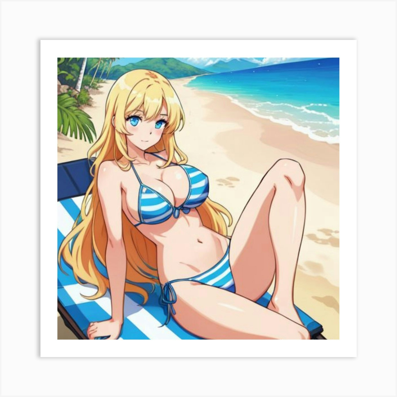 Anime Girl In Blue Bikini Sitting On Beach Art Print by STR_Art - Fy