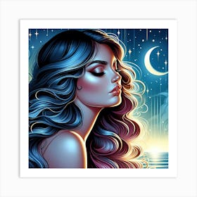 Beautiful Girl With Moon And Stars Art Print