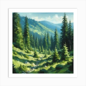 Forest And MountainLandscape, Acrylic Painting Style Art Print