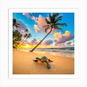 Turtle On The Beach At Sunset Art Print