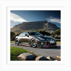 A Sleek Charcoal Grey Nissan GTR With Full Body Kit In Front Of Beautiful Mountain 2 Art Print