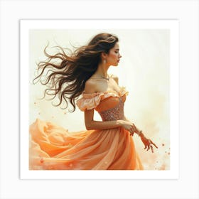 Spanish Woman With Flowing Hair, Elegant Dress, In Watercolor Dreamscape 1 Art Print