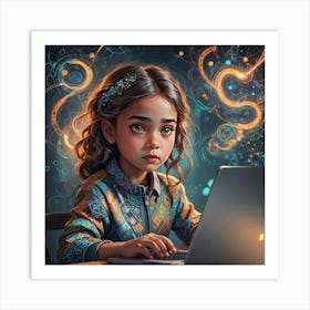 Little Girl Using A Laptop Art Print