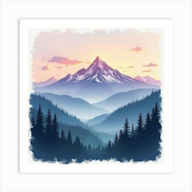 Whimsical Watercolor Mountain View At Dawn 1 Art Print