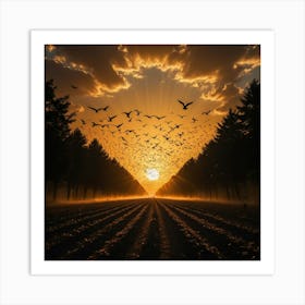 A Sky Alive with Movement: Thousands of Birds in Unison with the Golden Glow of the Sun Art Print