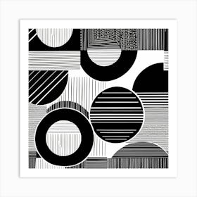 Retro Inspired Linocut Abstract Shapes Black And White Colors art, 219 Art Print