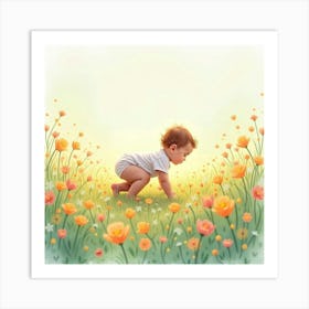 Watercolor Baby Crawling Through A Field Of Pastel Flowers In Soft Sunlight Art Print