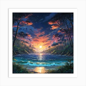 Tranquil Sunset Over a Serene Forest Beach With Glittering Waters Art Print