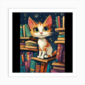 Cat On Bookshelf Art Print