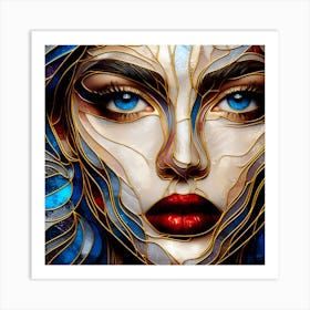 Portrait Of A Woman's Face In Closeup - A Stained Glass Effect In Multi Colors, Blue Eyes And Red Lips Creates A Vibrant Look. Art Print