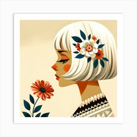 White Short Hair Girl With Flowers Art Print