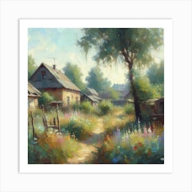 Eastern Europe (Slavic) Village In The Woods, Acrylic Painting Style Art Print