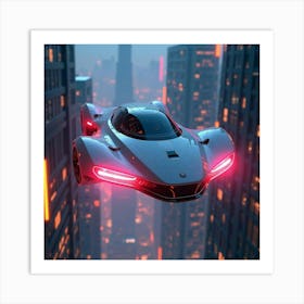 Advanced Flying Car With Glowing Edges, Hovering Above Neon Lit Skyscrapers 1 Art Print