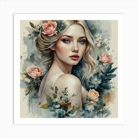 Blond Girl With Flowers Elegance Art Print