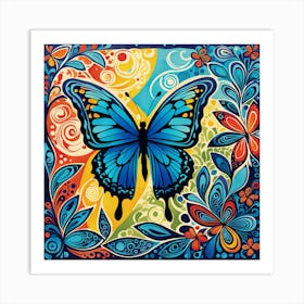 Block Print Butterfly Abstract in Blue II Art Print