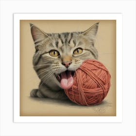 Cat With Yarn Ball Art Print