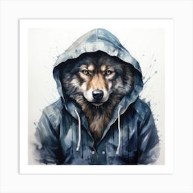 Watercolour Cartoon Wolf In A Hoodie 1 Art Print