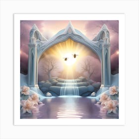 Fairy Garden With Waterfall And Bees Art Print