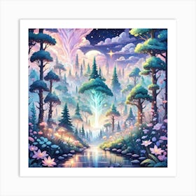 A Fantasy Forest With Twinkling Stars In Pastel Tone Square Composition 255 Art Print