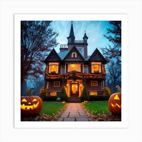 Halloween House With Pumpkins Art Print