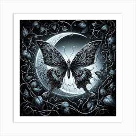 Gothic Monochrome Butterfly & Moon Art Print