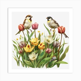 Spring Birds And Tulips Art Print