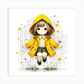 Girl in Yellow Rain Jacket - Abstract Line Art Illustration 72 Art Print