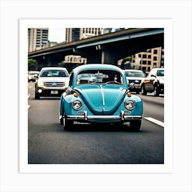 Blue Volkswagen Beetle On The Highway Art Print