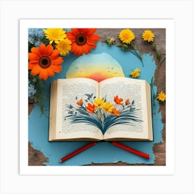 An open book with spring flowers growing inside it Art Print