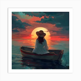 Sunset Girl In A Boat Art Print